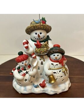 Vintage PartyLite Porcelain Snowbell Snowman Family Tealight Candle Holder